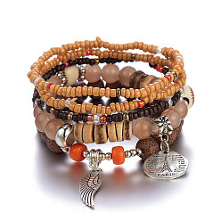 Peru Bodhi & Glass Seed Beads Stretch Bracelets Sets, Bohemia Style Wing & Tower Alloy Charms Bracelets for Women, Peru, 7-1/8 inch(18cm)