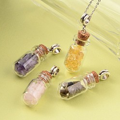 Mixed Color Cute Design Glass Wishing Bottle Antique Silver Tone Alloy Gemstone Pendants, with Wooden Bungs, Mixed Color, 47x34.5mm, Hole: 4.5mm