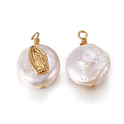 Golden Natural Cultured Freshwater Pearl Pendants, with Golden Plated Brass Findings, Flat Round with Virgin Mary, White, Golden, 17~23x12~14mm, Hole: 1.6mm