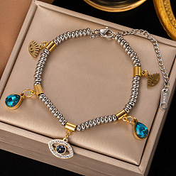 Eye Rhinestone Charm Bracelet with Beaded Chains, Titanium Steel Bracelet, Eye, 6-1/4 inch(16cm)