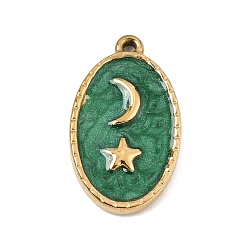 Green 303 Stainless Steel Enamel Pendants, Oval with Moon Star Charms, Ion Plating(IP), Golden, Green, 22.5x13x2.5mm, Hole: 1.2mm