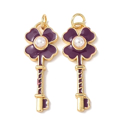 Фиолетовый Латунь эмаль подвески, с abs имитационными жемчужными бусинами , клевер ключ прелести, без кадмия и без свинца, стойки покрытие, долговечный, с целью перехода в кольце, фиолетовые, 28.5x11.5x5 мм, отверстие : 3 мм