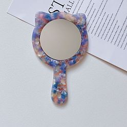Floral Purple Cute Cat Portable Makeup Mirror with Handle and Retro Acetic Acid Marble Pattern