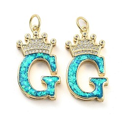 Letter G Латунные микропаве прозрачные подвески с фианитом, с синтетическим опалом, реальный 18 k позолоченный, с целью перехода в кольце, Буква G, 26.5~33x14~23.5x3.5~4.5 мм, отверстие : 4.5 мм