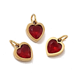 Dark Red Vacuum Plating 304 Stainless Steel Pendants, with Cubic Zirconia and Jump Rings, Single Stone Charms, Heart, Golden, Dark Red, 9x8x3mm, Hole: 3.6mm