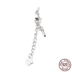 Platinum Rhodium Plated 925 Sterling Silver Curb Chain Extender, End Chains with Lobster Claw Clasps and Cord Ends, Heart Chain Tabs, with S925 Stamp, Platinum, 21.5mm