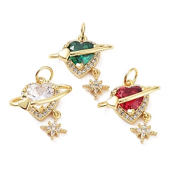 Mixed Color Rack Plating Brass & Cubic Zirconia & Glass Pendants, Lead Free & Cadmium Free, Long-Lasting Plated, Heart with Star, Mixed Color, 22x17x6mm, Hole: 3.5mm