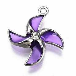 Blue Violet Rack Plating Alloy Pendants, with Epoxy Resin and Crystal Rhinestone, Windmill, Platinum, Cadmium Free & Lead Free, Blue Violet, 19.5x17x4mm, Hole: 1.4mm
