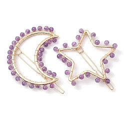Amethyst 2Pcs Moon & Star Alloy with Natural Amethyst Hollow Hair Barrettes, Ponytail Holder Statement for Girls Women, Moon: 61x66x4~5mm, Star: 52.5~54x60x4~4.5mm