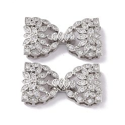 Platinum Brass Micro Pave Clear Cubic Zirconia Fold Over Clasps, Cadmium Free & Lead Free, Bowknot, Platinum, 26.5mm, Triangle: 12.5x14.5x5mm, Clasp:10x5.5x3.5mm, Hole: 2x2.5mm