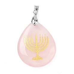 Розовый Кварц Природного розового кварца подвески, с реечной обшивкой латунными выводами, без кадмия и без свинца, очарование слезы, 31x25x5~7 мм, отверстие : 4.5x4 мм