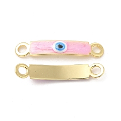 Pink Brass Connector Charms, Curved Rectangle Links with Evil Eye Pattern, with Enamel, Real 18K Gold Plated, Long-Lasting Plated, Pink, 30x5x2mm, Hole: 3mm