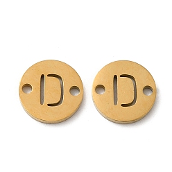 Letter D Ion Plating(IP) 304 Stainless Steel Connector Charms, Flat Round with Letter, Golden, Letter D, 9x1~1.5mm, Hole: 1~1.4mm