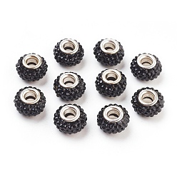 Jet Grade A Rhinestone European Beads, Large Hole Beads, Resin, with Silver Color Plated Brass Core, Rondelle, Jet, 15x10mm, Hole: 5mm