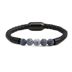 fossil Stainless Steel Magnetic Clasp Leather Bracelet - European and American Men's Emperor Stone Bead Bracelet