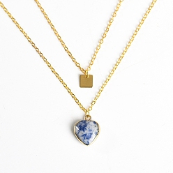Blue Spot Jasper Golden Alloy Double Layer Necklace, Natural Blue Spot Jasper Heart & Alloy Square Tag Pendants Necklace, Pendant: 15mm