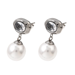 Stainless Steel Color 304 Stainless Steel Pave Clear Cubic Zirconia Stud Earrings, Oval, ABS Plastic Pearl Dangle Earrings, Stainless Steel Color, 26.5x13mm