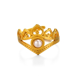 Золотой Открытые манжетные кольца из нержавеющей стали с короной, пластиковые искусственные жемчужины ювелирные изделия для женщин, золотые, размер США 8 (18.1 мм)