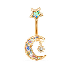 Golden Colorful Rhinestone Moon & Star Dangle Belly Ring, Alloy Navel Ring with 316L Surgical Stainless Steel Bar for Women Piercing Jewelry, Golden, 13mm