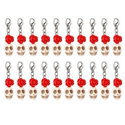 (404) Непрозрачное AB Кислое яблоко Подвеска в виде черепа из искусственной бирюзы и смоляной розы, Сплав с застежками когтя омара, цветочный белый, 40 мм