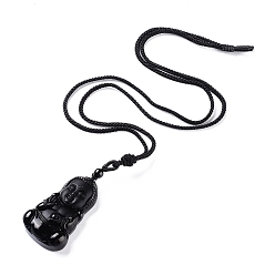 Obsidian Adjustable Natural Obsidian Pendant Necklaces, with Nylon Cords, Buddha, 30.7 inch(78cm)