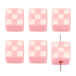 Pink 4Pcs UV Plating Acrylic Beads, Iridescent Tartan Cube, Pink, 14mm, Hole: 4mm