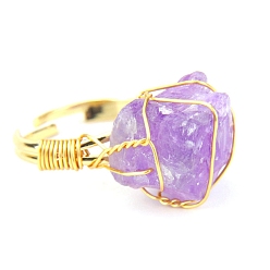 Amethyst Natural Amethyst Nugget Adjustable Rings, Golden Copper Wire Wrap Ring, Inner Diameter: 19mm
