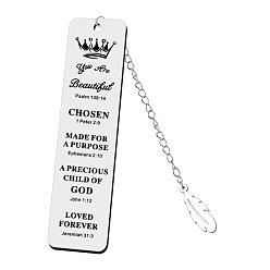 Crown Rectangle with Quote You Are Beautiful Psalm Bookmark, Stainless Steel Bookmark, Feather Pendant Bookmark with Long Chain, Crown Pattern, 120x30mm
