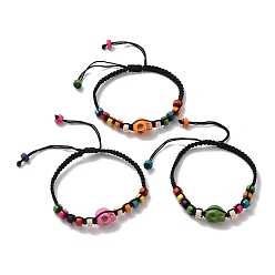 Mixed Color Synthetic Turquoise Skull & Wood Disc Braided Bead Bracelet for Halloween, Mixed Color, Inner Diameter: 2-3/8~3-1/2 inch(5.9~8.8cm)