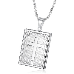 Stainless Steel Color Titanium Steel Rectangle with Cross Pendant Necklace, Photo Locket Necklaces, Stainless Steel Color, 19.69 inch(50cm)