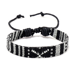 Black Cloth Rope Braided Flat Cord Bracelet, Ethnic Tribal Adjustable Bohemia Bracelet, Black, 7-1/8 inch(18cm)