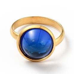 Синий K9 стеклянное плоское круглое кольцо на палец, ионное покрытие (ip) 304 ювелирные изделия из нержавеющей стали для женщин, золотые, синие, размер США 7 3/4 (17.9 мм), кольцо поверхность: 14x7mm
