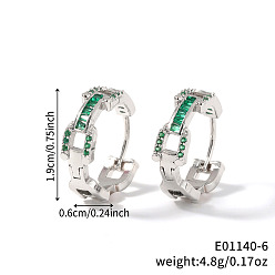 Зеленый Модные серьги-кольца из латуни с кубическим цирконием, цепочка-оберег, платина, зелёные, 19x6 мм