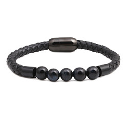 Blue tiger eye stone Stainless Steel Magnetic Clasp Leather Bracelet - European and American Men's Emperor Stone Bead Bracelet