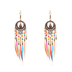 0840 Ancient KC Bohemian Feather Tassel Earrings with Intricate Cutout Design