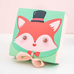 Fox Boîtes de bonbons en papier carré, boîtes d'emballage cadeau, pour des cadeaux de noce de bonbons de bijoux, avec ruban, modèle de renard, 11.5x11.5x5 cm
