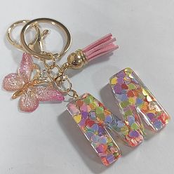 Letter M Acrylic and Resin Keychain, with Tassel, Alloy Rings, Butterfly, 10.02cm, Pendant: 23~43mm