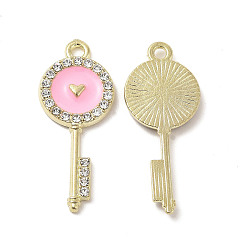 Pink Подвески из эмали и сплава, с кристально горный хрусталь, ключи с сердечками, золотые, розовые, 31x12.5x2 мм, отверстие : 1.8 мм