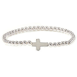 Серебро Набор эластичных браслетов из латуни и бусин из нержавеющей стали, крестик ювелирные изделия для женщин мужчин, серебряные, 304 дюйм (6.89 см)
