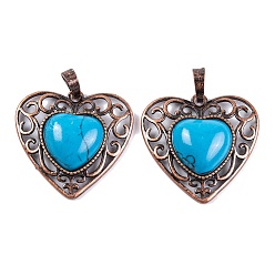 Synthetic Turquoise Synthetic Turquoise Peach Love Heart Pendants, Rack Plating Brass Hollow Heart Charms, Cadmium Free & Lead Free, Red Copper, 29.5x30.5x7.5mm, Hole: 7.5x5mm