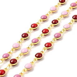 Red Brass Flat Round Link Chains, with Enamel, Real 18K Gold Plated, Soldered, Long-Lasting Plated, with Spools, Red, 4.5x9x3mm, 3x2x0.5mm
