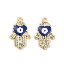 Bleu Royal Plaqué or pendentifs en alliage d'émail, avec strass, plaqué longue durée, Main de Hamsa avec breloque cœur et mauvais œil, bleu royal, 22.5x14.5x3mm, Trou: 2mm
