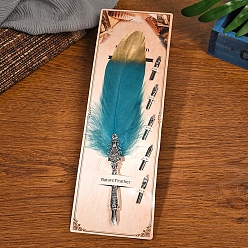 Cadet Blue Feather Quill Pen, Vintage Feather Dip Ink Pen, Zinc Alloy Pen Stem Writing Quill Pen Calligraphy Pen As Christmas Birthday Gift, Cadet Blue, 25~30cm