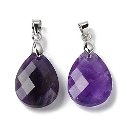 Аметист Подвески из натурального аметиста , слезинки, граненые, с ионным покрытием (IP) выводы из латуни с платиновым покрытием, 18x13x6 мм, отверстие : 4x3.3 мм