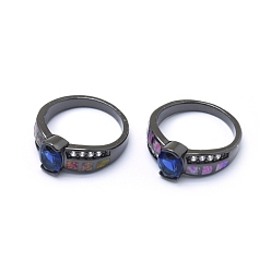 Gunmetal Cubic Zirconia Finger Rings, with Synthetic Opal and Brass Findings, Long-Lasting Plated, Oval, Size 7, Blue, Gunmetal, 17.5mm