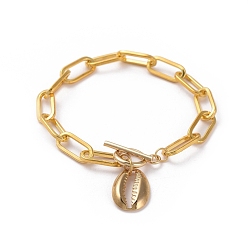 Golden Charm Bracelets, with Iron Paperclip Chains, 304 Stainless Steel Toggle Clasps & Cowrie Shell Shape Pendants, Golden, 7-1/2 inch(19cm)