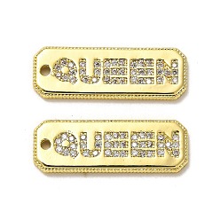 Golden Brass Micro Pave Cubic Zirconia Pendants, Long-Lasting Plated, Rectangle with Letter Queen, Golden, 21.5x7.5x1.5mm, Hole: 1.2mm