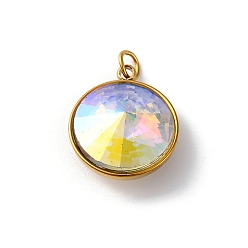 Прозрачный АВ 316 подвески из граненого стекла из нержавеющей стали, плоско-круглые, ионное покрытие (ip), реальный 18 k позолоченный, с петлей, ясно AB, 15.5x13.5x7 мм, отверстие : 2.5 мм