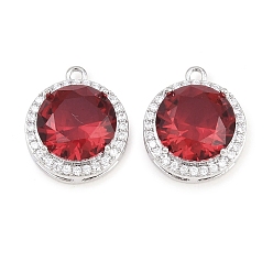 Roja Micro latón allanan colgantes cúbicos del zirconia, encantos redondos, Platino verdadero plateado, rojo, 15.5x13x6.5 mm, agujero: 1.2 mm