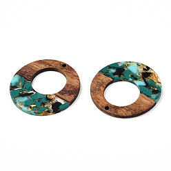 Turquoise Transparent Resin & Walnut Wood Pendants, with Gold Foil, Donut Charms, Turquoise, 38x3mm, Hole: 2mm